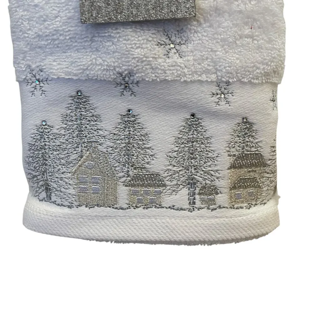 2pc Glitz & Glimmer Embroidered Christmas Tree Hand Towels 18x28 Cotton NEW